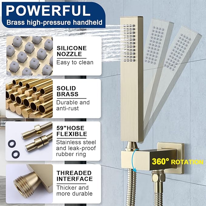 12" Shower Faucet Set Rain Shower System with 6" Wall Mounted Head Full Body Luxury Rain Shower System Rainfall Shower Head with Handheld Combo,3 Way Pressure Balance Valve Kit,Brushed Gold