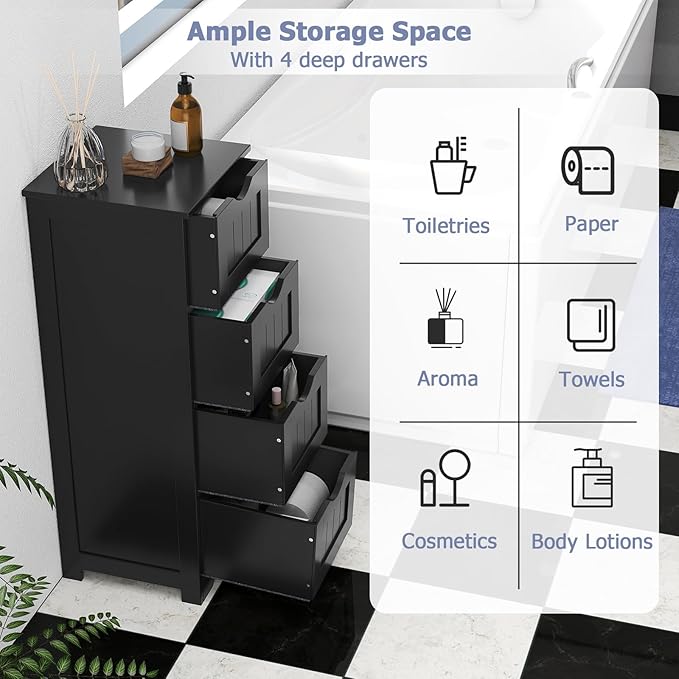 Tangkula Bathroom Floor Cabinet, Freestanding Narrow Side Storage Organizer with 4 Drawers, Multifunctional Towel Cabinet with Anti-Tip Kit for Living Room Laundry Entryway (4 Drawers, Black)