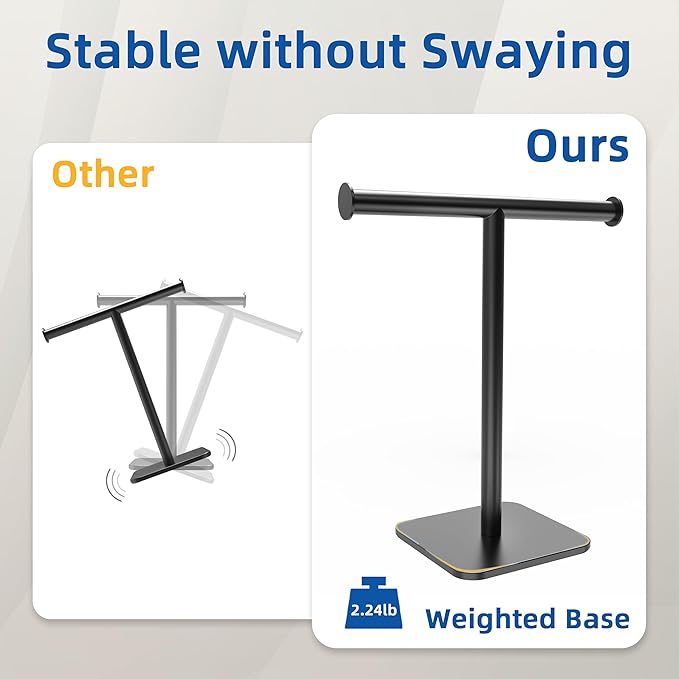 RUACQ T-Shape Hand Towel Holder Stand, Weighted Base Towel Rack, Countertop Towel Holder for Bathroom, 304 Stainless Steel, Heavy Duty (Matte Black)