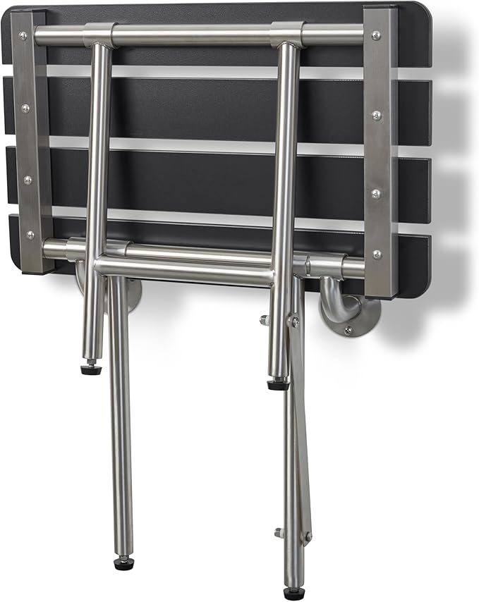 28-inch x 15-inch ADA Bariatric Folding Wall Mount Bathroom Shower Seat Bench with Legs, Black Slatted Phenolic Seat