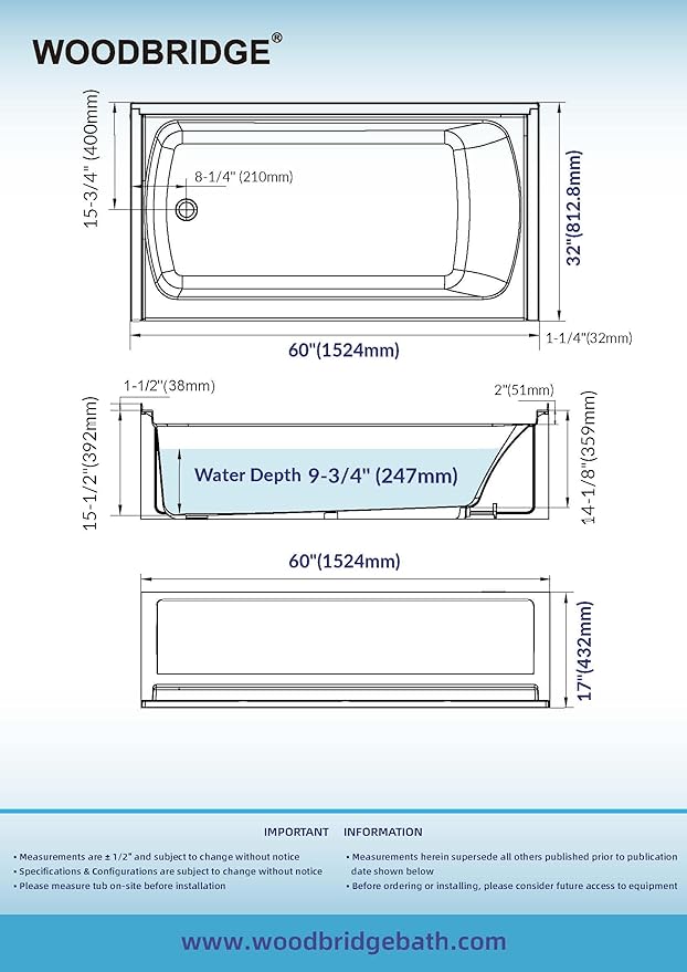 WOODBRIDGE 60” x 32” Alcove Soaking Bathtub in white with Left-Hand Drain Hole