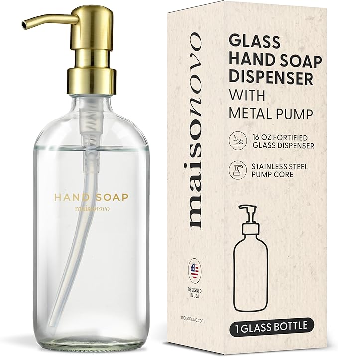 MaisoNovo Soap Dispenser 1-Piece Set | 16.9oz Clear Bottles with Gold Stainless Steel Pump