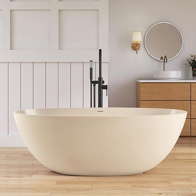 Stone Resin Freestanding Bathtub 65", Elegant Oval Shape Soaking Tub, Solid Surface Stand Alone Bathtub with Drain & Integrated Slotted Overflow AMFS303-1650 milky coffee