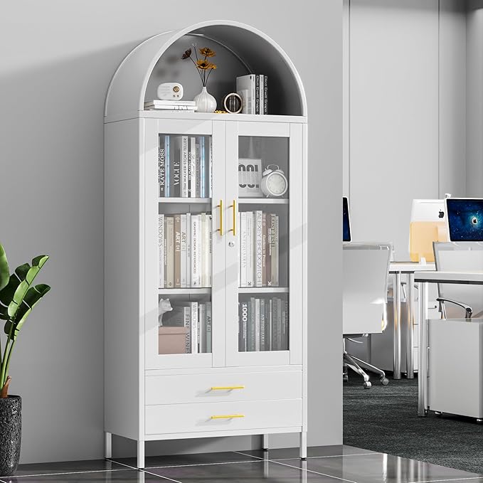 73''H Arched Kitchen Pantry Cabinets with 2 Drawers, Metal Arch Bookcase with Glass Door for Home Office, Assemble Require, White
