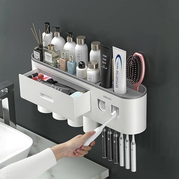 No-Drill Wall Mounted Toothbrush Holder, Bathroom Shelf, with Automatic Toothpaste Dispensers 6 Brush Hooks Magnetic Cups 1 Cosmetic Drawer Organizer and Large Storage (2 Dispensers 2 Cups)