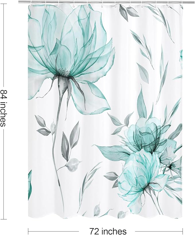 Extra Long Boho Watercolor Floral Shower Curtain 72 x 84, Teal Blue and Grey Ink Painting Style Flower Shower Curtains for Chic Elegant Bathroom, Artistic XL Fabric Cloth Shower Curtain