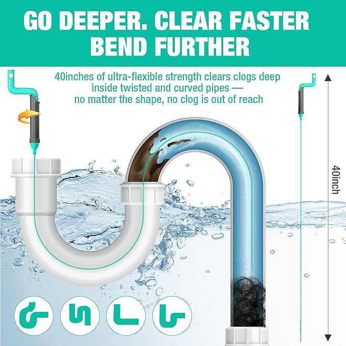 Rotating Handle Drain Snake - 40 Inch Steel Wire Hair Clog Remover, Heavy Duty Flexible Plumbing Snake for Shower, Sink, Toilet, Bathroom & Kitchen Drain Cleaner Tool