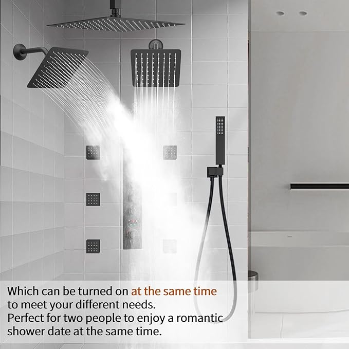 Rainfall Shower System with 12+8+8" Three Top Shower Heads, Body Jets and Handheld Shower,Matte Black Full Body Shower System with Digital Display Valve