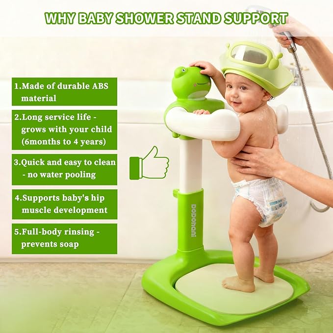 Baby Shower Stand Baby Bath Standing Support with Anti-Slip Soft Mat for 6-36 Months Adjustable Stable Easy Setup Press for Sounds Soporte para Bañera De Bebé Newborns Gift Fits Infants - Green Frog