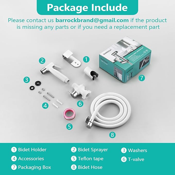 BARROCK Handheld Bidet Sprayer for Toilet, Stainless Steel Metal Made Baby Cloth Diaper Spraying Kit, Bathroom Toilet Bidet Attachment Set for Bathing Pets and Feminine Hygiene, Chrome and White