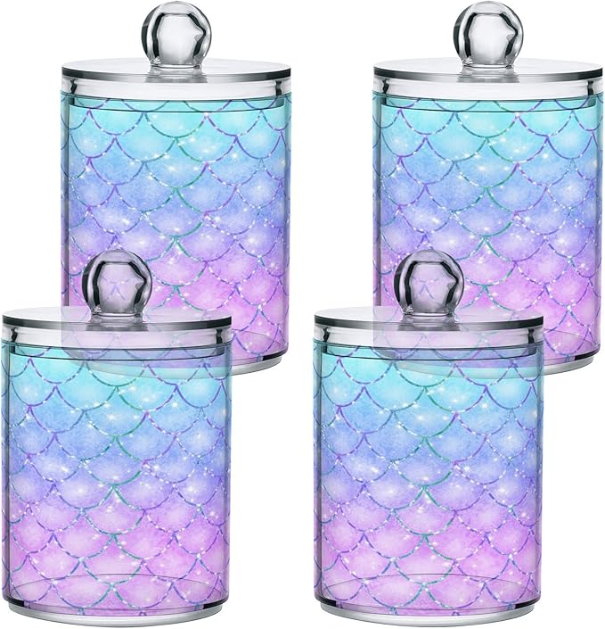 MNSRUU 4 Pack Qtip Holder Organizer Dispenser Pink Blue Mermaid Scales Bathroom Containers Bathroom Vanity Storage Canister Apothecary Jars for Cotton Swabs/Pads/Floss