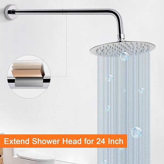 HarJue Shower Arm with Flange and Teflon Tape, Wall Mounted Shower Pipe 304 Stainless Steel Extension Arm for Fixed Shower Head & Handheld (24 Inch, Chrome)