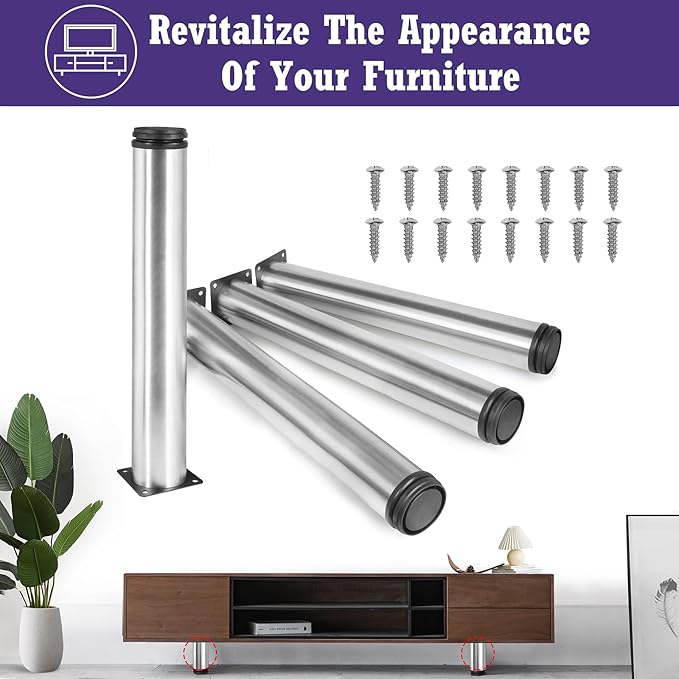 16 Inch Metal Furniture Legs Stainless Steel Adjustable Legs Silver Metal Legs Round Cabinet Legs for Coffee Table Cabinet Desk Sofa Shelves, Pack of 4