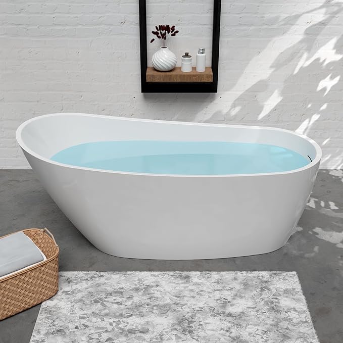 67" Free Standing Tub, Pure Acrylic Freestanding Bathtub, Stylish Stand Alone Tub, Contemporary Deep Soaking Bath Tub, cUPC Certified SY9970 (Glossy White)