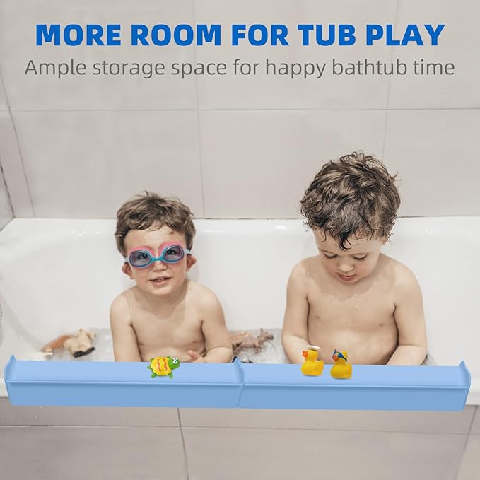 Splash Guard for Bathtub, 3.8" x 3.6" Silicone Bath Tub Splash Guard with 6 Suction Cups, Bathtub SplashGuard Play Shelf Area for Kids with 3°Drainage Slope for Faster Drying - 2 Packs Blue
