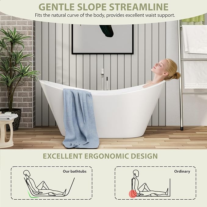 59 Inch Acrylic Freestanding Soaking Bathtub - Mocoloo Contemporary Soaking White Tub Stand Alone Bathtub with Overflow and Drain