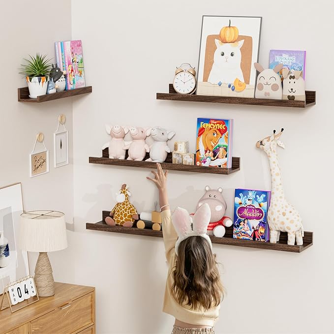 Heimlove Floating Shelves Set of 6, 16" Wall Mounted Picture Ledge, Display Shelf Organizer for Decor Storage, Wall Mounted Shelves for Living Room, Bedroom, Bathroom, Kitchen (Walnut)