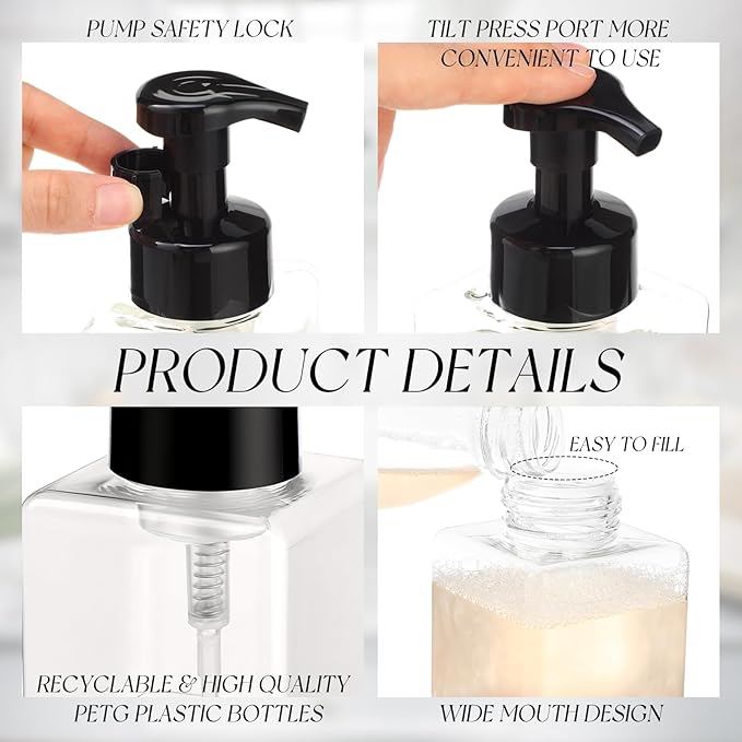 Domensi 12 Pcs Foam Pump Bottle Foaming Soap Dispenser Empty Travel Foaming Dispenser 8.5 oz Refillable Hand Soap Plastic Pump Bottle Travel Essentials Clear Container for Bathroom Vanities (Black)