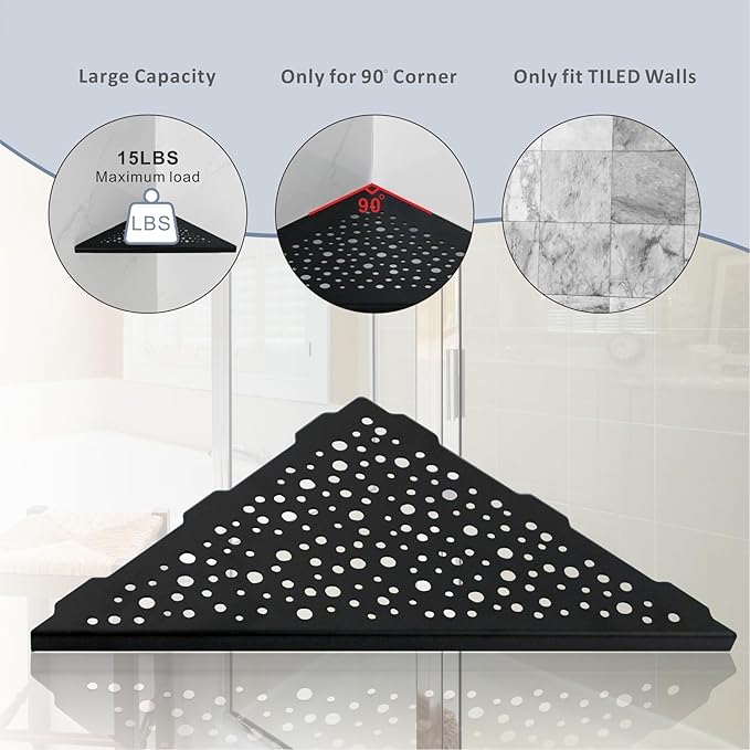 Shower Corner Shelf 10" No Drill,10" 304 Stainless Steel, Recessed Bathroom Shelves Grout in Shelf for Tiled Wall,Matte Black,2 Pack