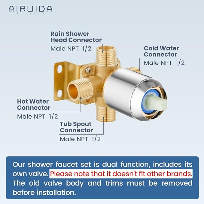 Airuida Shower Faucet Set and Handle Set Single Function Shower Trim Kit Ceiling Mount Rainfall Shower System with Male Threads and Rough-in Valve 12 Inch Square Shower Head Chrome Polish