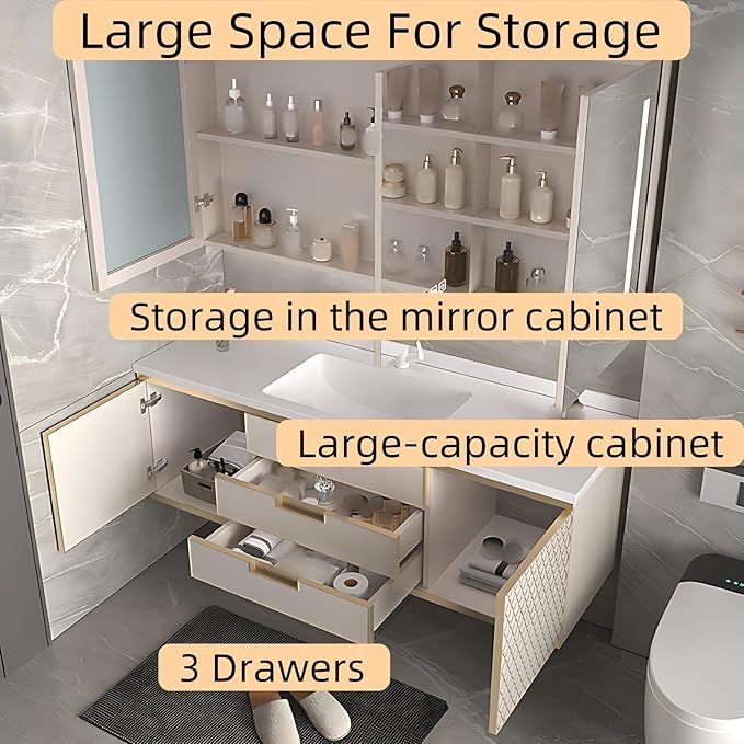 48IN Modern Bathroom Vanity - Wall-Mounted Bathroom Cabinet with LED Light | Intelligent Defogging Mirror Cabinet Includes Time Display Function, 2 Drawers & 2 Storage Cabinets (Style A)