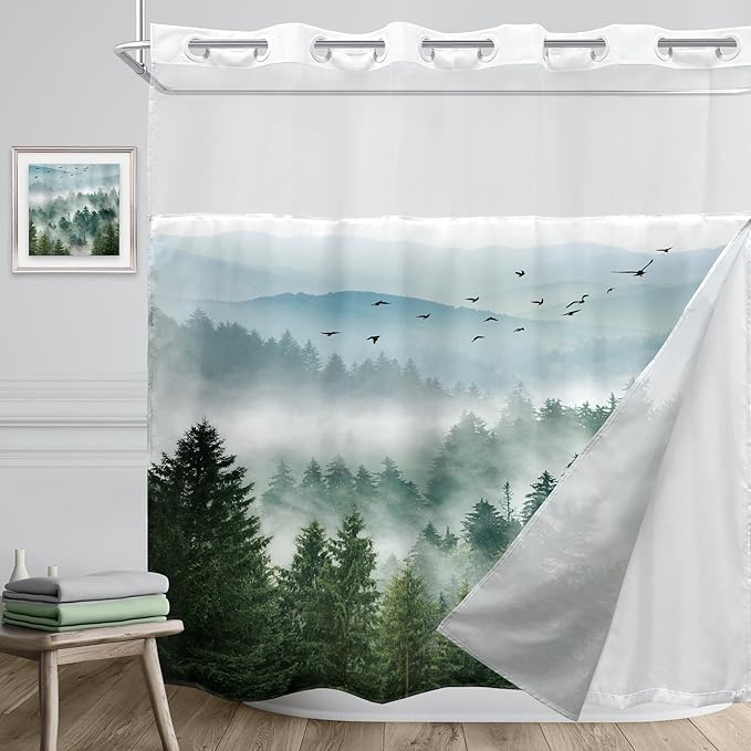 No Hook Green Shower Curtain with Snap in Fabric Liner，72Wx72H Inch Nature Mountain，Hookless Double Layer Shower Curtain and Liner Set，Pine Tree Scenery Waterproof Cloth Shower Curtains Washable