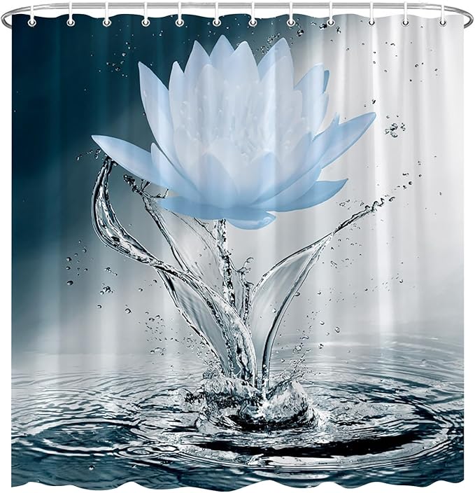 Lotus Shower Curtain Black White Blue Flower Elegant Blooming Floral with Dew Spring Flower Reflection on Water Modern Romantic Polyester Fabric Bathroom Decor 86×70 Inch with Hook