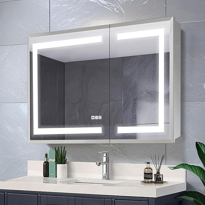 GroGro LED Lighted Bathroom Medicine Cabinet with Mirror, 40" W x 24" H Beveled Edge Medicine Cabinet with Lights,Surface or Recessed Mounting,Defog,Dimming,3-Color Temperature Adjustment
