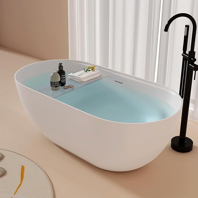 59'' Stone Resin Freestanding Bathtub, Bathroom Solid Surface Tub Bathtubs soaker Tubs Oval Shaped Matte Luxury Modern Soaking Tub with Overflow and Pop-up Drain - White