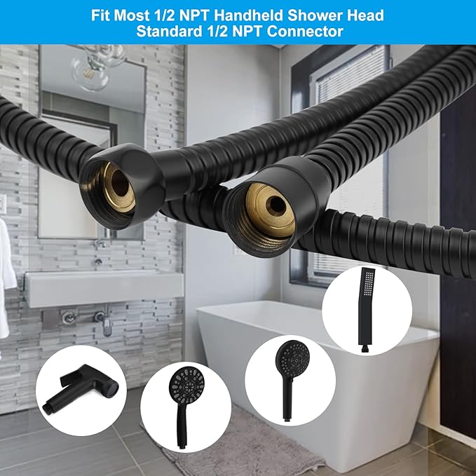 Hibbent All Metal Shower Hose, 90 Inch Stainless Steel Extra Long Shower Hose Replacement, Anti-Twist Flexible Bathroom Handheld Shower Head Hose Extension with Brass Insert & Nut, Matte Black