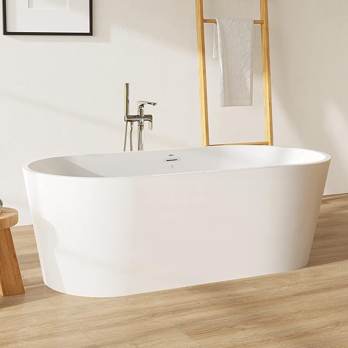 FerdY Shangri-La 67" Acrylic Freestanding Bathtub, Ergonomic Lightweight Classic Oval Soaking Bathtub with Toe-Tap Chrome Drain, Classic Slotted Overflow, Glossy White