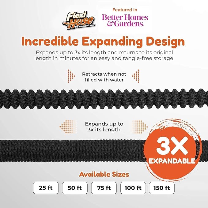 Flexi Hose PLUS with 8 Function Nozzle Expandable Garden Hose, Lightweight & No-Kink Flexible Garden Hose, 3/4 inch Solid Brass Fittings and Double Latex Core, 75 ft Black