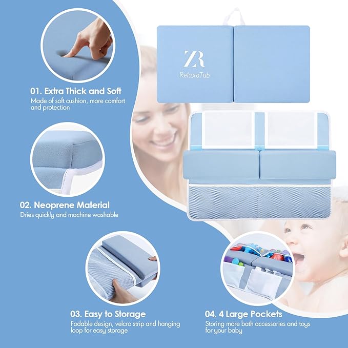 Bath Kneeler and Elbow Rest Pad Set - 2 inch Comfortable Thick Baby Bath Kneeler Pads, with Toy Organizer Pockets - Quick Drying, Foldable, Non-Slip for Baby and Toddler Bathing (Blue)