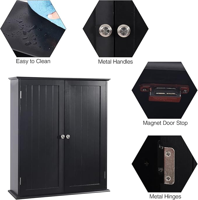 Blcak Bathroom Cabinet Wall Mounted, Bathroom Wall Cabinet Over Toilet, Hanging Cabinet for Bathroom, Bathroom Medicine Cabinet with 2 Doors and Adjustable Shelves, Wood
