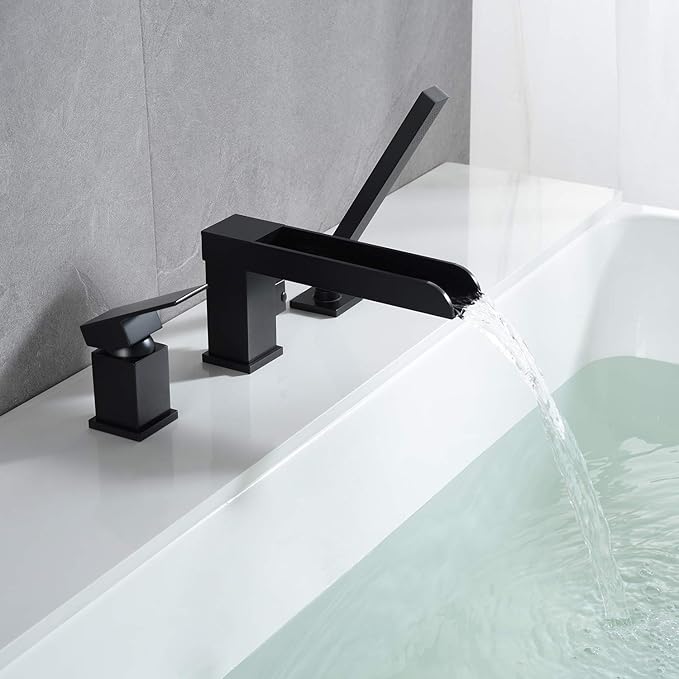 Waterfall Roman Tub Faucets Deck Mount Black Bathtub Faucets Brass Tub Filler Bathroom Faucets with Hand Shower