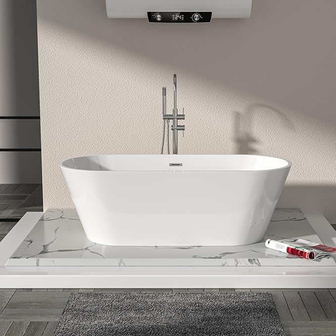Logmey 63" White Acrylic Freestanding Bathtub Oval Shape Soaking Tub with Chrome Drain & Overflow Assembly for Classic and Modern Bathrooms