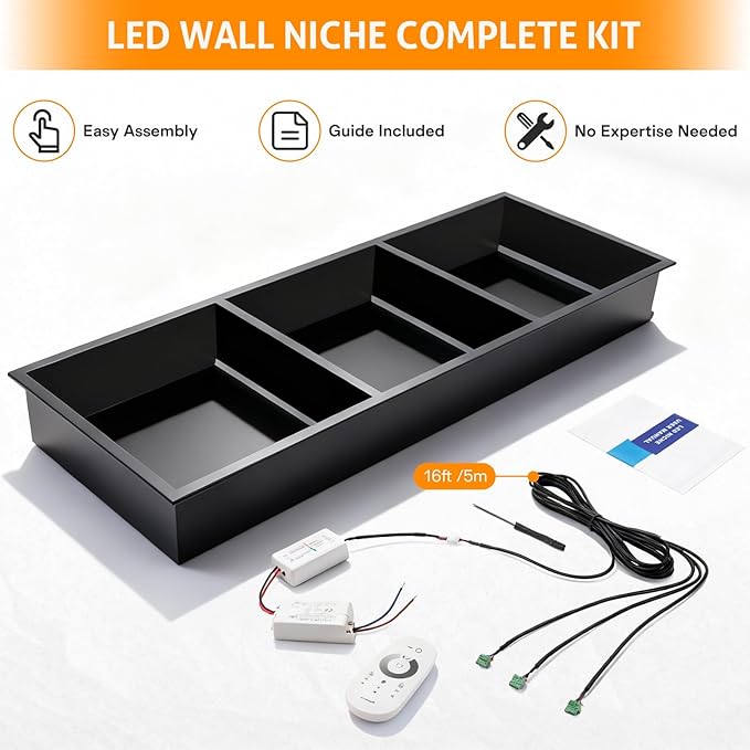 WICHEMI Stainless Steel Shower Niche 12" X 36", No Tile Needed Wall Niche with LED Light, Recessed Shower Shelf for Bathroom Storage Over Mount Installation, Matte Black