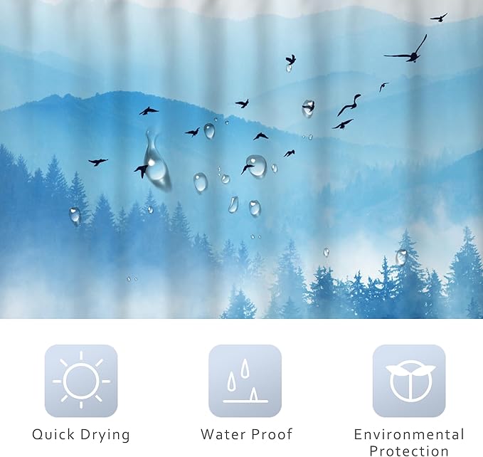 Riyidecor Mountain Shower Curtain 60Wx72H Inch Blue Foggy Nature Scenery Smokey Pine Tree Landscape Natural Woodland Mens Bathroom Decor Fabric Polyester Waterproof 12 Pack Hooks