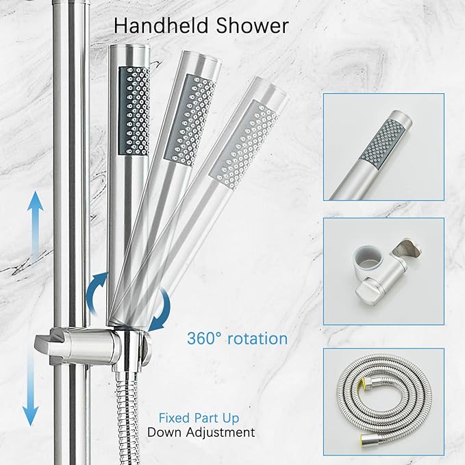 Rain Shower System Outdoor Shower Fixtures with 8" Rain Shower Head Handheld Sprayer Single Handle Wall Mounted Bathroom Shower Faucet Set Brushed Nickel for Bathroom or Backyard