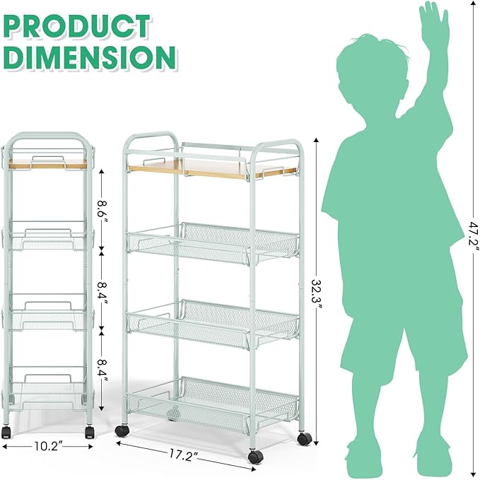 TOOLF 4-Tier Rolling Cart, Metal Utility Cart, Slide Out Storage Cart with Wooden Tabletop and Mesh Baskets for Narrow Space on Kitchen Bathroom Laundry Room Bedroom Apartments Dormitory (Green, Wide)