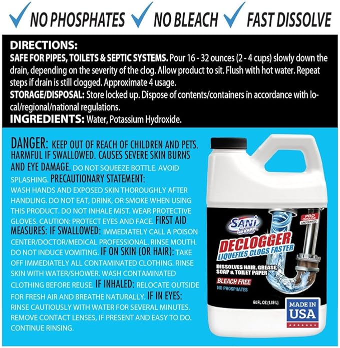 Sani 360° Declogger Dissolves Hair, Soap Scum, Blockage, Toilet Paper. Drain Clog Remover works on Sinks, Shower, Bathtubs, Non-Corrosive, Safe for Pipes and Septic Systems, MADE IN USA (64 FL OZ)