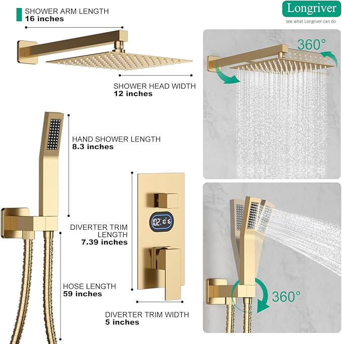 Shower Faucet Set with Hydro Power Temperature Display, Shower System Bathroom 10 Inches Shower Head with Handheld Spray, Wall Mounted Shower Fixtures with Shower Valve and Trim Kit, Brushed Gold