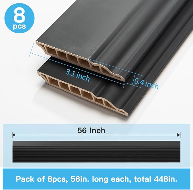 Art3d Wall Baseboard Molding Trim 8-Pack of 56 x 3.2 in., High Impact Polystyrene Skirting Board - Installed with Glue - Black