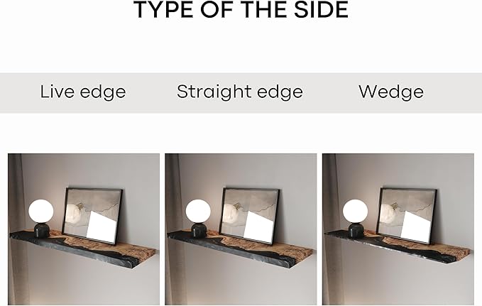 RWA Live Edge Floating Shelf – Unique Wood Floating Shelf for Wall Decor, Living Room, Bedroom, or Bathroom – Stylish Decorative Wall Shelves for Home & Office (Live Edge, Black - 24x7)