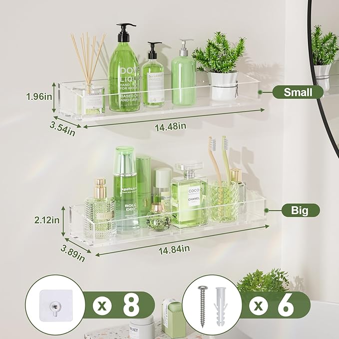 2PCS Acrylic Floating Shelves for Wall, 15" Clear Acrylic Shelves, Bathroom Shelf with Two Types of Installation, Space Saving Hanging Wall Shelf for Bathroom, Living Room, Bedroom, Kitchen