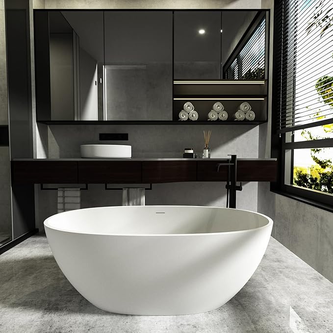 Cpingao 63" Freestanding Bathtub, Oval Shaped Resin Stone Freestanding Tubs, Solid Surface Matte White Soaking Tub with Overflow and Pop-up Drain 8801-1600