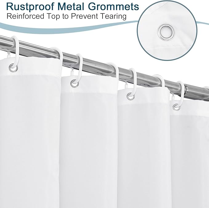 AooHome Fabric 96 inch Extra Long Shower Curtain Liner, Durable Bathroom Curtain for Hotel with Hooks, Waterproof, Solid White, 72 Width x 96 Height inch