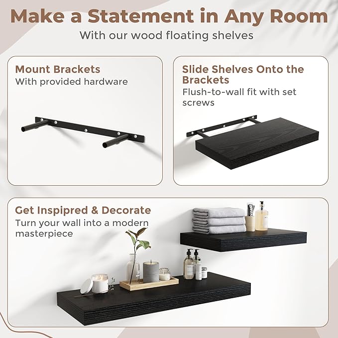 16 Inch Floating Shelves for Wall Set of 2, 12"D Wood Grain Bathroom Shelves with Invisible Brackets, Easy Install Engineered Wood Storage Shelves for Kitchen, Living Room, Bedroom, Black Finish