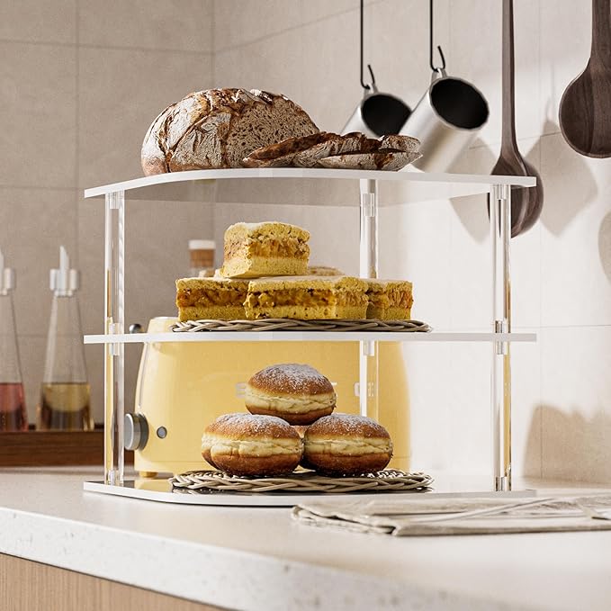 Plate Organizer for Cabinet Space Saver - Acrylic Corner Shelf for Dishes, Bowls, 3-Tier Kitchen Countertop Cabinet Organization, Dinner Plates Holder, and Small Shelf for Bathroom Storage - White