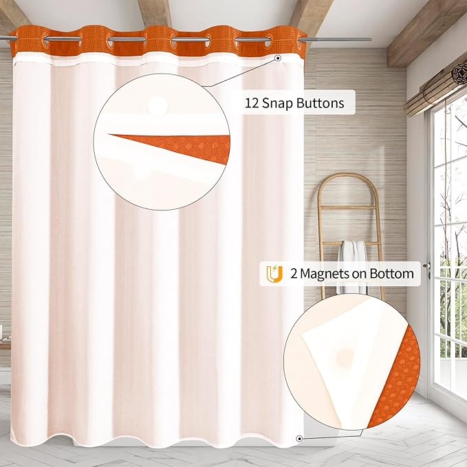 MitoVilla No Hooks Needed Orange Waffle Shower Curtain Liner Set, Modern Waffle Weave Heavy Duty Fabric Cloth Shower Curtain with Snap-in Liner for Luxury Neutral Hotel Spa Bathroom Decor